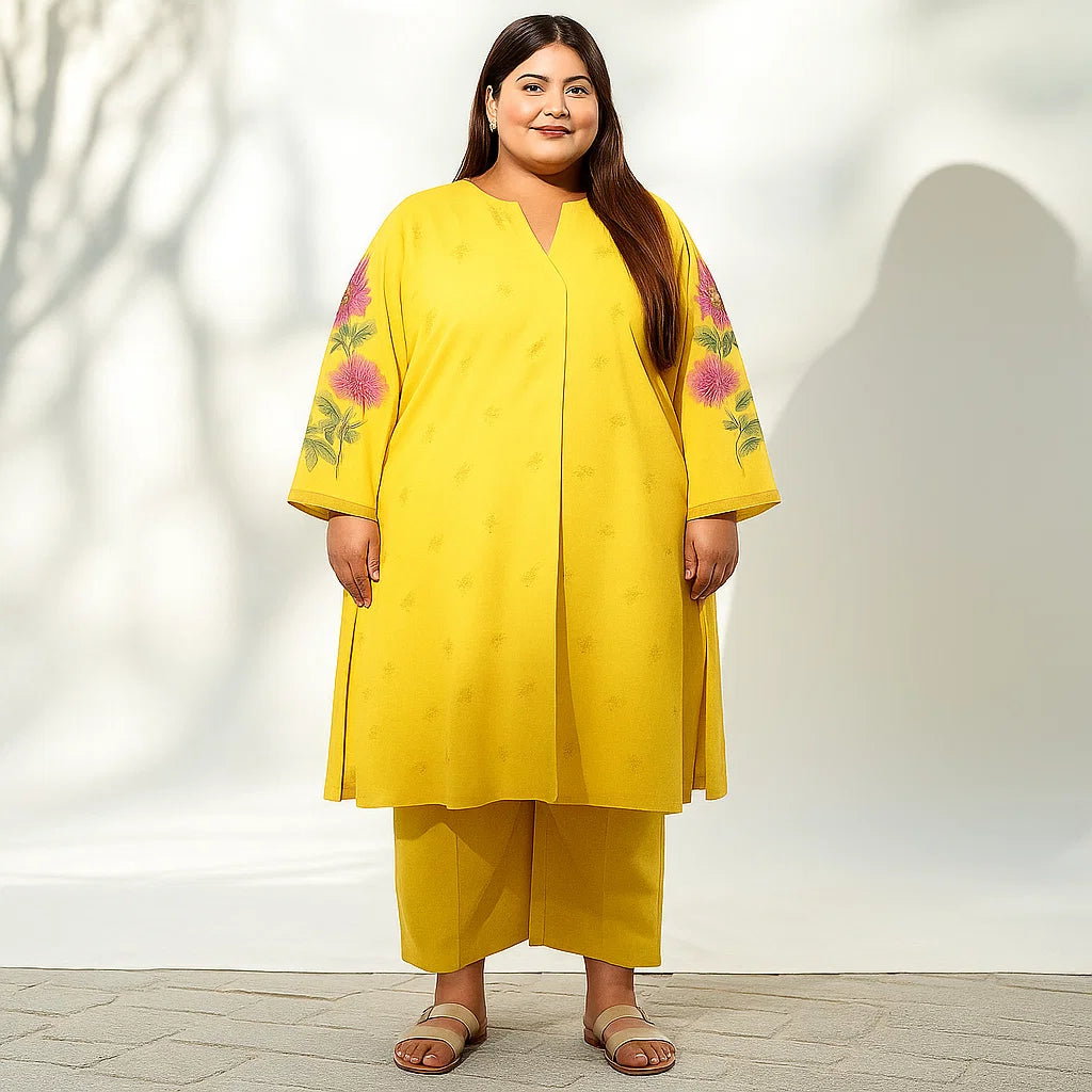 Sunshine Bloom – Plus Size 3PC Floral Stitched Suit (2XL–5XL) – PSW-9868