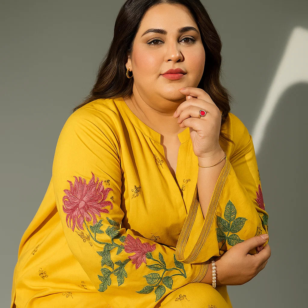 Sunshine Bloom – Plus Size 3PC Floral Stitched Suit (2XL–5XL) – PSW-9868