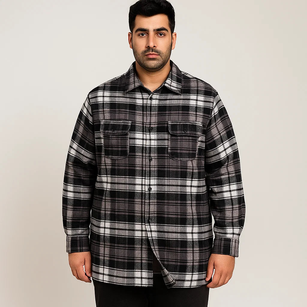 Black Plaid Fleece-Lined Flannel Shirt Jacket PSM-6580