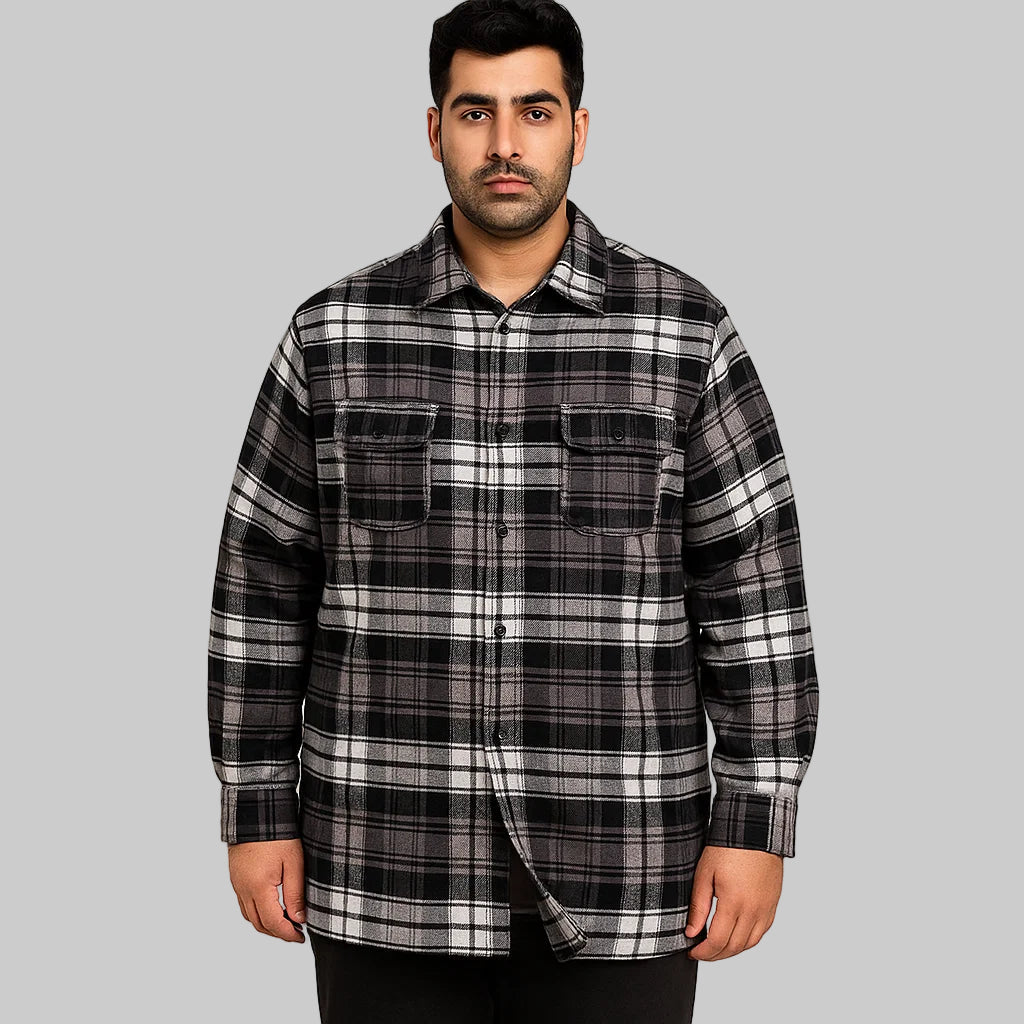 Front view of Black Plaid Fleece-Lined Flannel Shirt Jacket for plus-size men on white background.