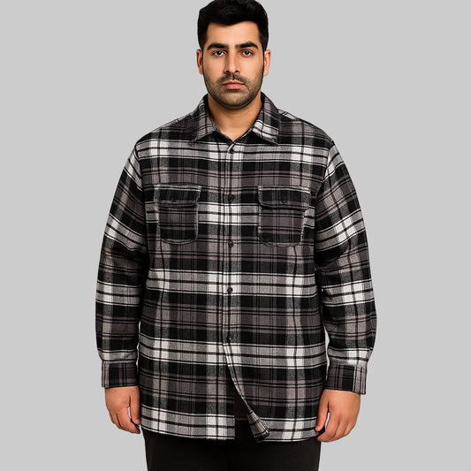 Front view of Black Plaid Fleece-Lined Flannel Shirt Jacket for plus-size men on white background.