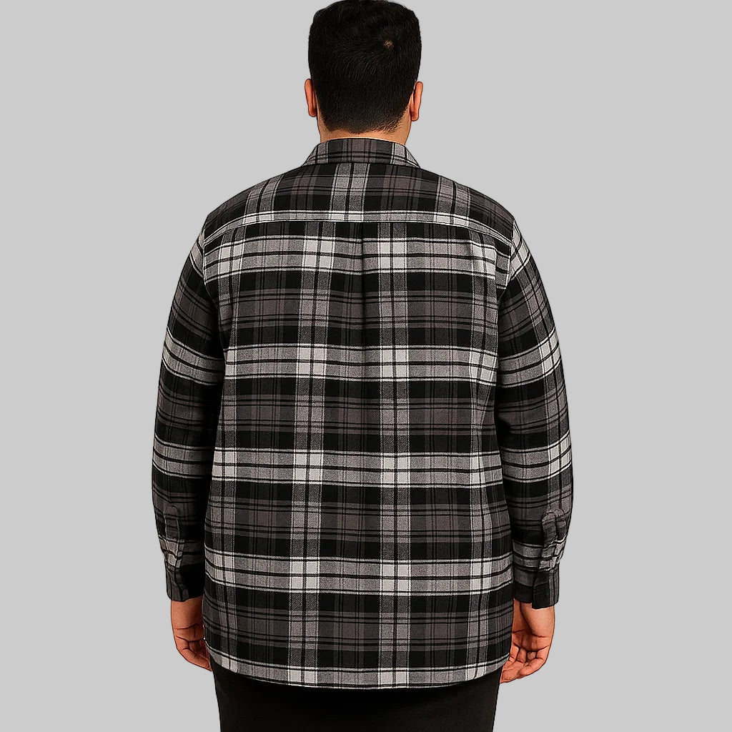 Front view of Black Plaid Fleece-Lined Flannel Shirt Jacket for plus-size men on white background.