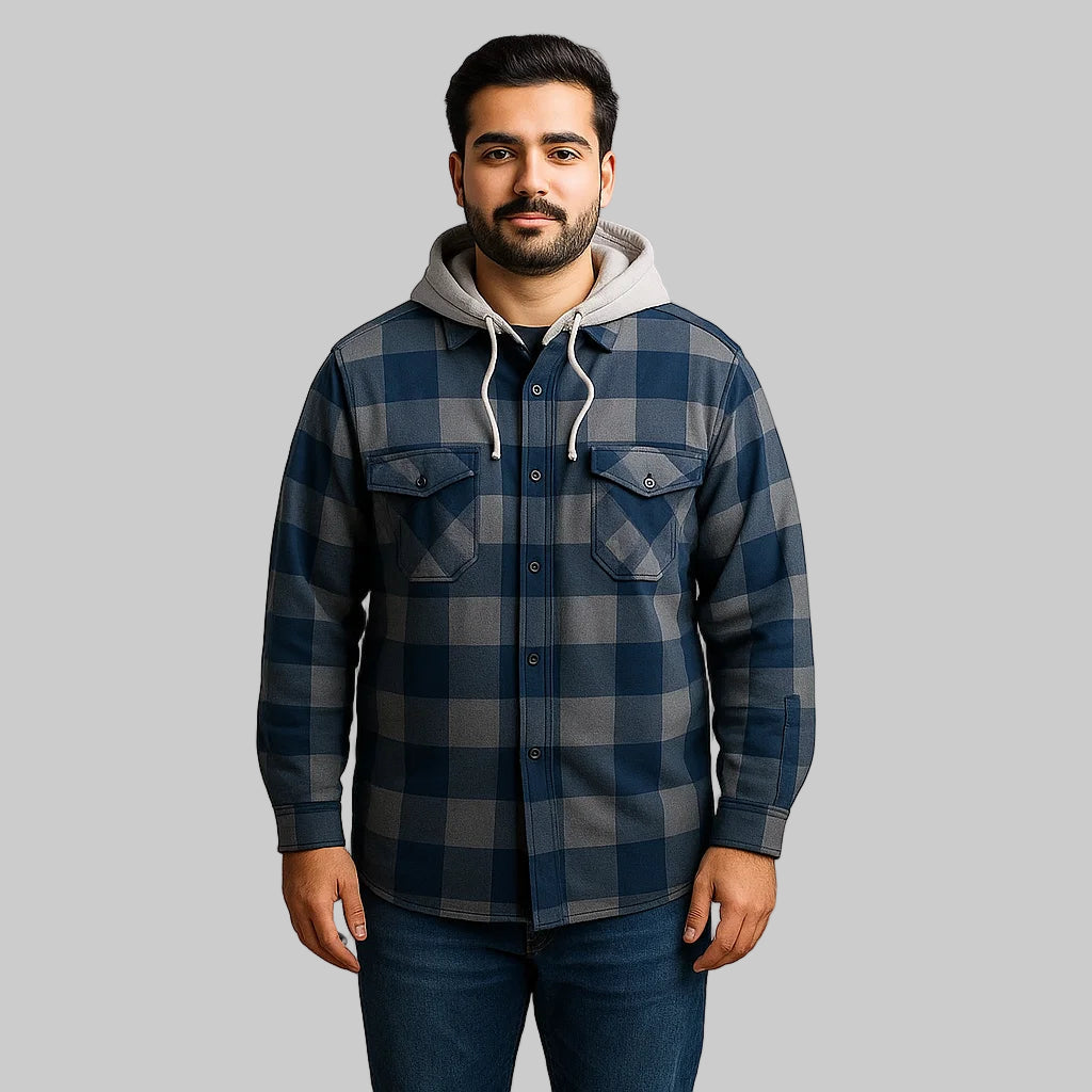 Navy buffalo check removable hooded shirt jacket for men in Pakistan – front view