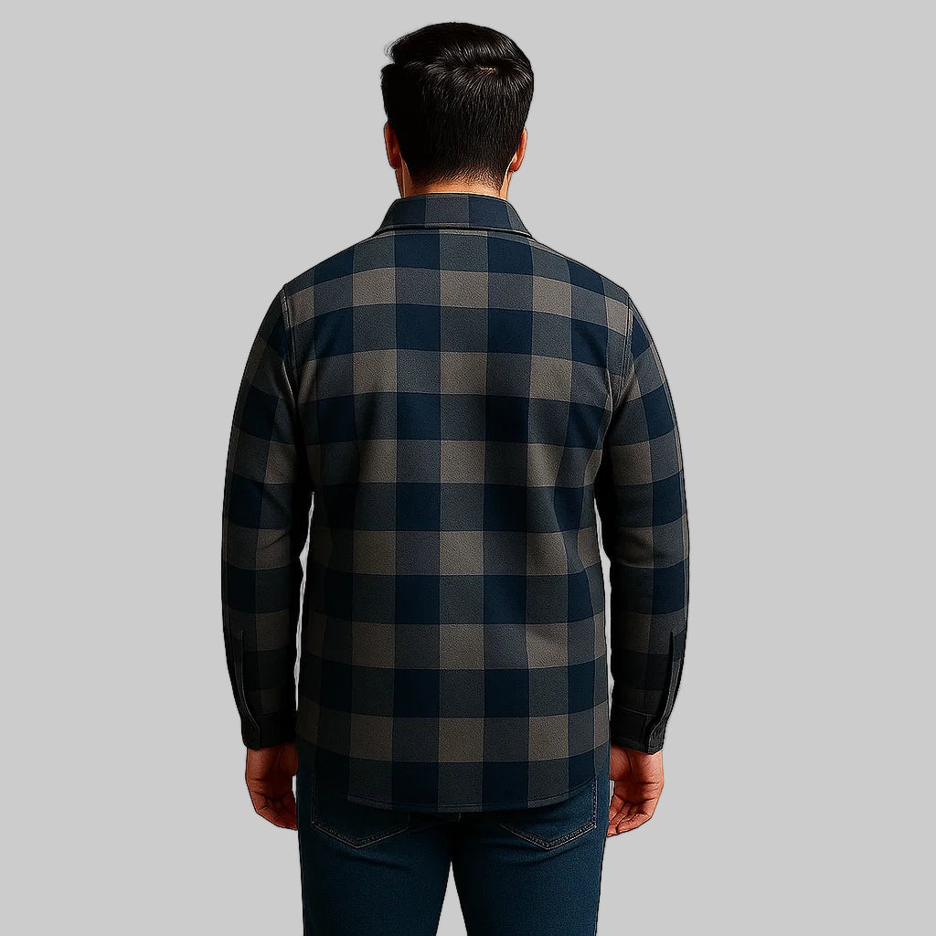Navy buffalo check removable hooded shirt jacket for men in Pakistan – front view