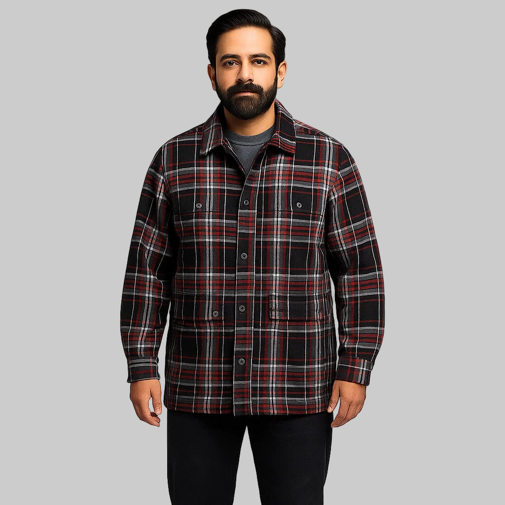 Black plaid renegade shirt zipper jacket for men in Pakistan – front view