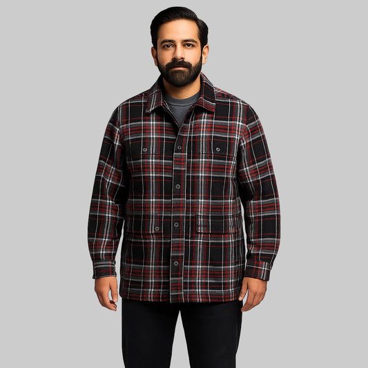 Black plaid renegade shirt zipper jacket for men in Pakistan – front view