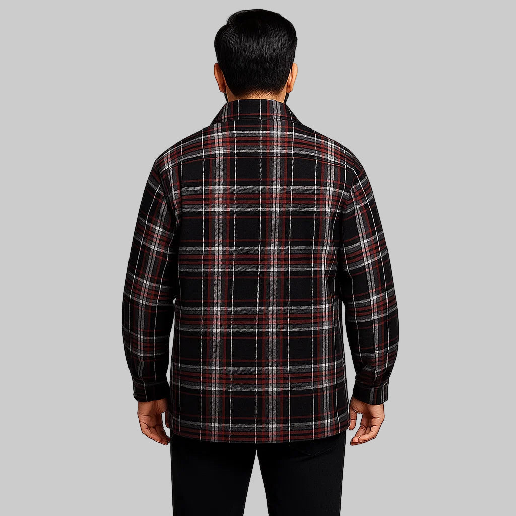 Black plaid renegade shirt zipper jacket for men in Pakistan – front view
