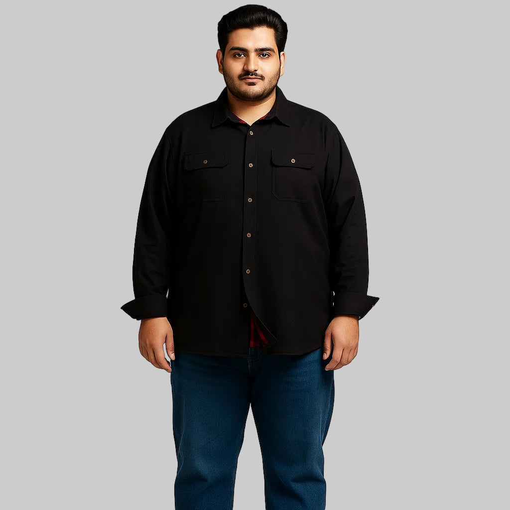 Stay warm and look sharp with our Black Flannel-Lined Twill Shirt Jacket — the perfect blend of rugged utility and all-day comfort. Crafted from durable lightweight cotton twill and fully lined with colorful plaid flannel, this shirt jacket provides just the right amount of warmth without bulk.
Featuring an antique brass snap-front closure, snap cuffs, and flap chest pockets, it’s built for both function and style. The double-needle stitching ensures long-lasting wear, while side seam pockets add convenien