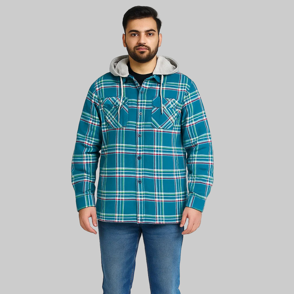 Sea green plaid removable hooded shirt jacket for men in Pakistan – front view