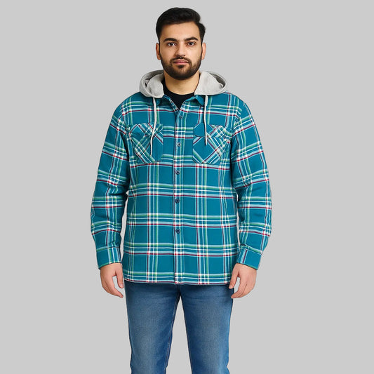 Sea green plaid removable hooded shirt jacket for men in Pakistan – front view