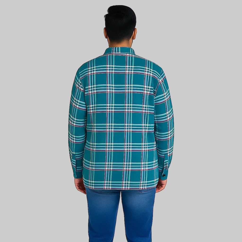 Sea green plaid removable hooded shirt jacket for men in Pakistan – front view