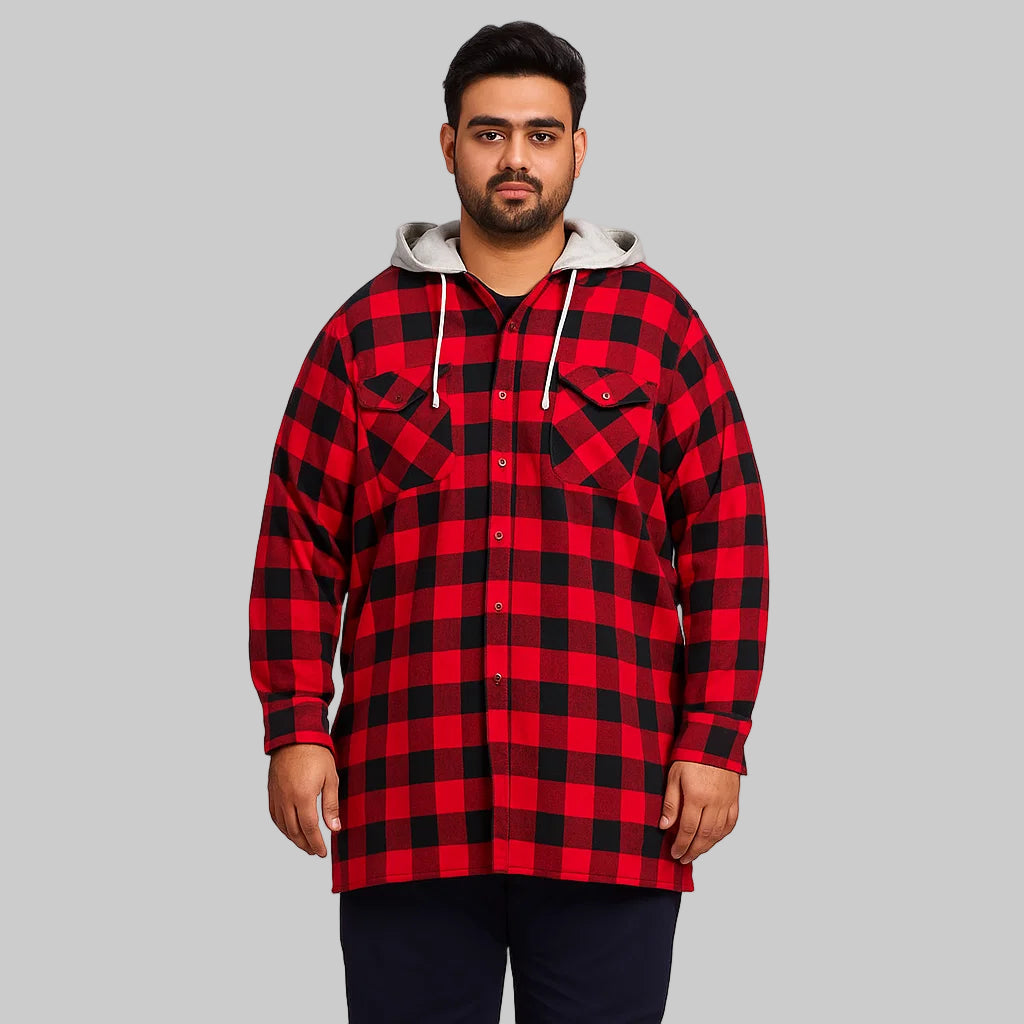 Red buffalo plaid men’s hooded shirt jacket with removable fleece hood, button-down front, and side pockets on white background.