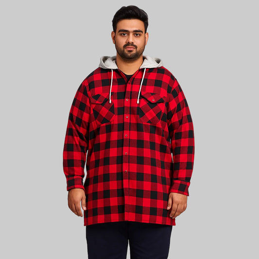Red buffalo plaid men’s hooded shirt jacket with removable fleece hood, button-down front, and side pockets on white background.