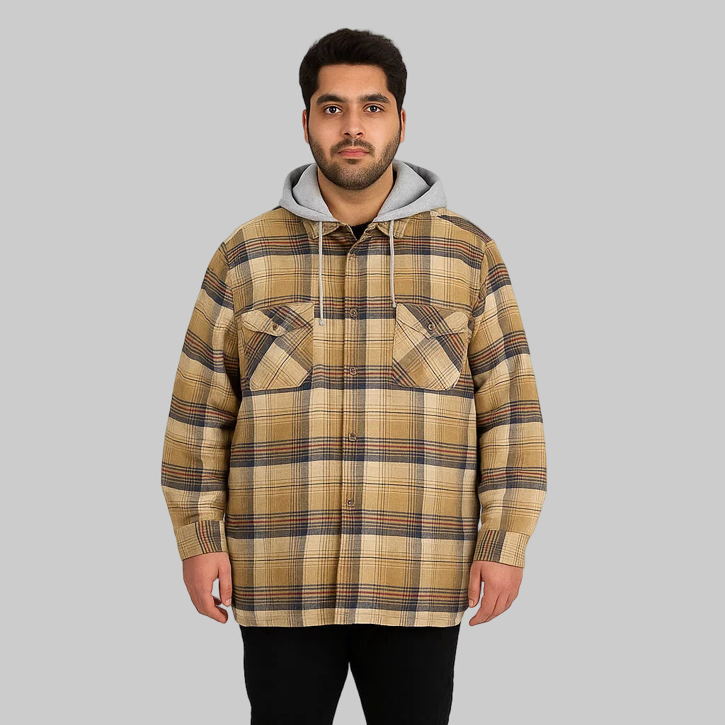 Dark Khaki Plaid Flannel Shirt Jacket with removable drawstring hood and button-down front, displayed on a neutral studio background.