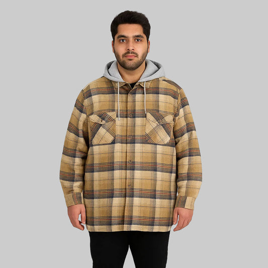 Dark Khaki Plaid Flannel Shirt Jacket with removable drawstring hood and button-down front, displayed on a neutral studio background.