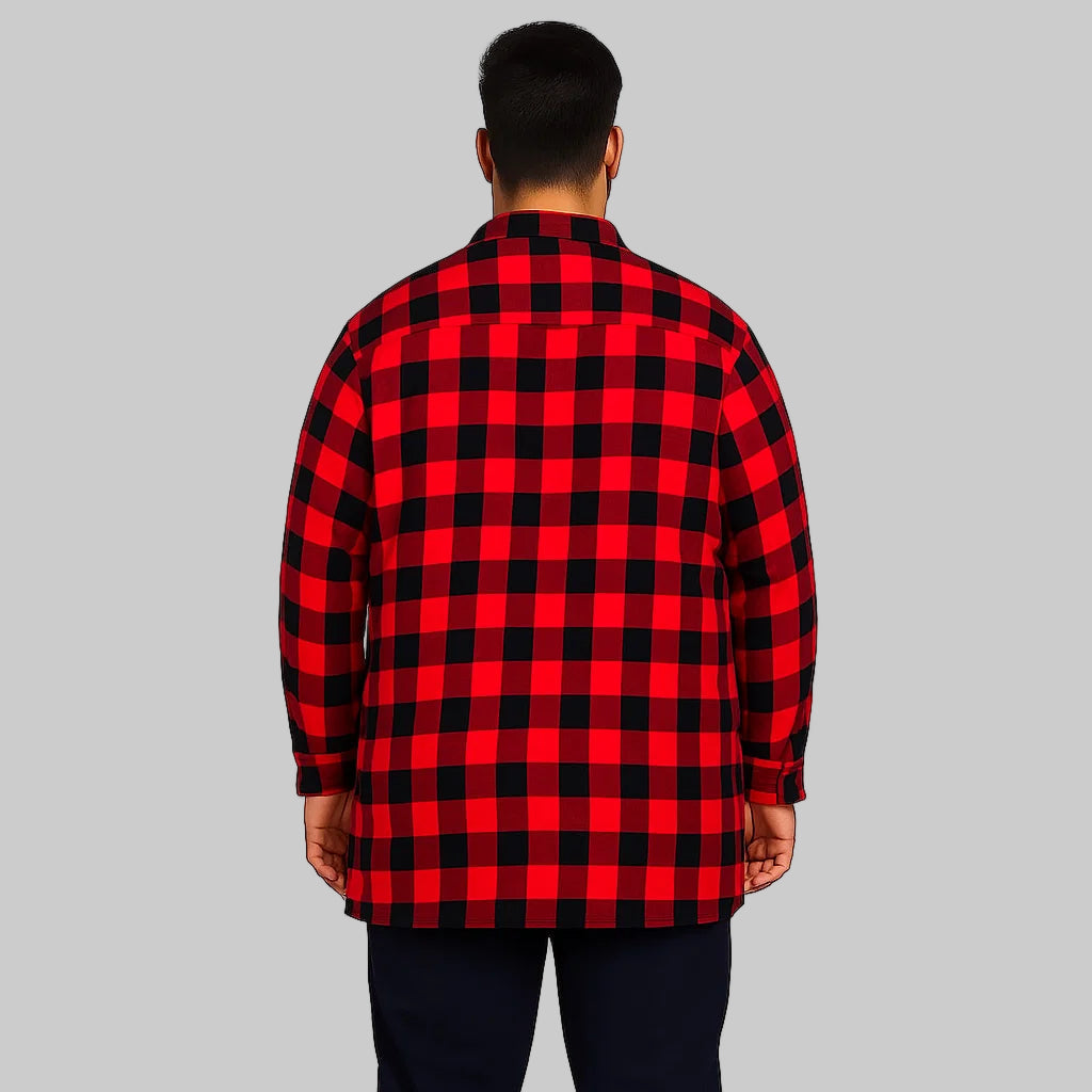 Red buffalo plaid men’s hooded shirt jacket with removable fleece hood, button-down front, and side pockets on white background.