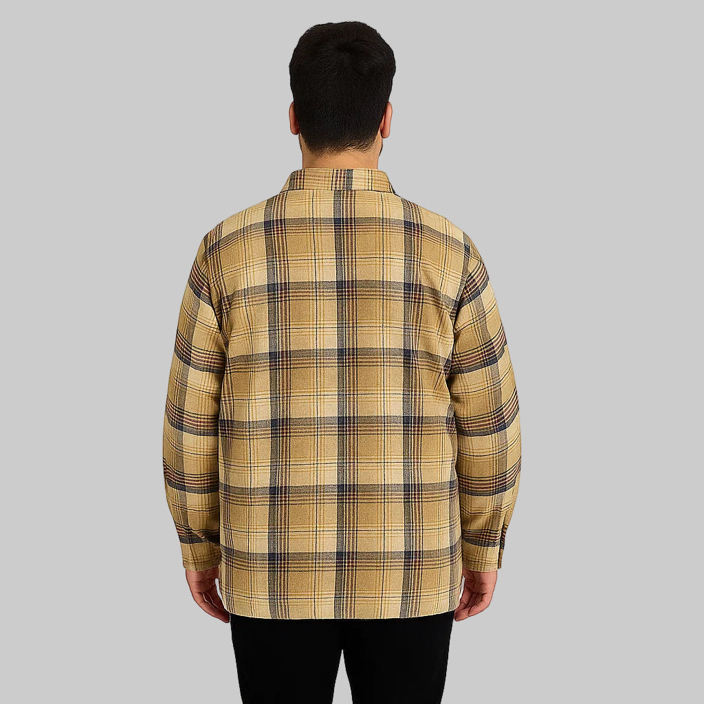 Dark Khaki Plaid Flannel Shirt Jacket with removable drawstring hood and button-down front, displayed on a neutral studio background.