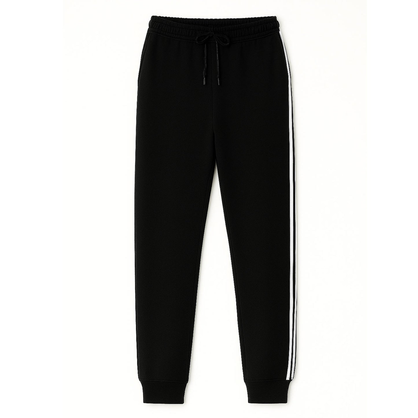 Black terry cuffed plus size trousers with side stripes and drawstring waist