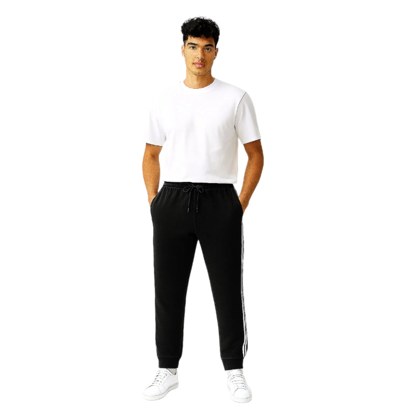 Black terry cuffed plus size trousers with side stripes and drawstring waist