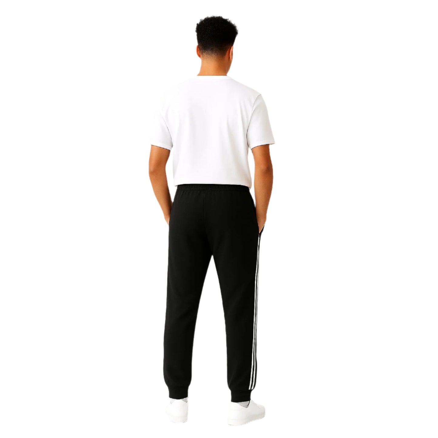 Black terry cuffed plus size trousers with side stripes and drawstring waist