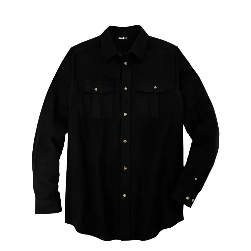 Black solid double-brushed cotton flannel shirt with chest pockets in Big & Tall fit