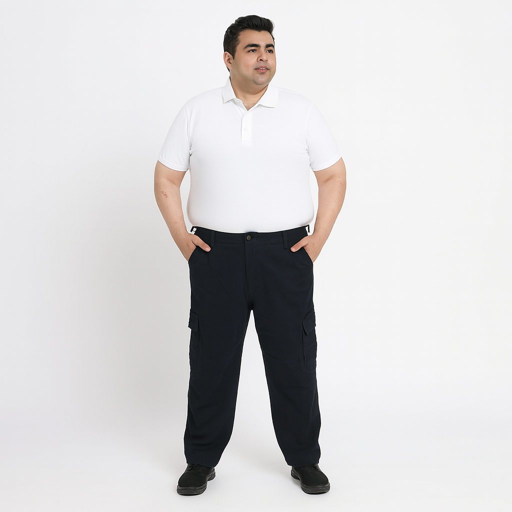 Plus size black denim cargo combat pants with multiple secure pockets and sturdy waistband.