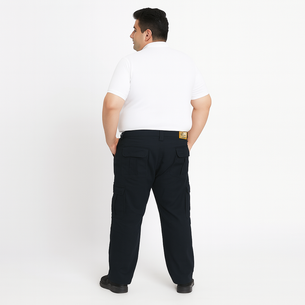 Plus size black denim cargo combat pants with multiple secure pockets and sturdy waistband.