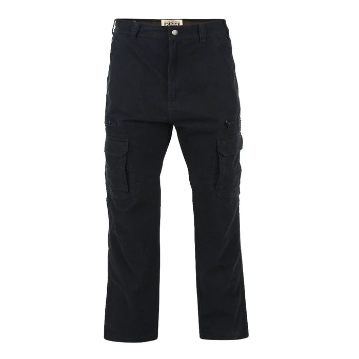 Plus size black denim cargo combat pants with multiple secure pockets and sturdy waistband.
