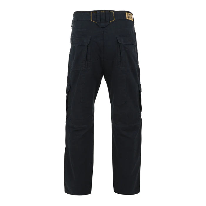 Plus size black denim cargo combat pants with multiple secure pockets and sturdy waistband.