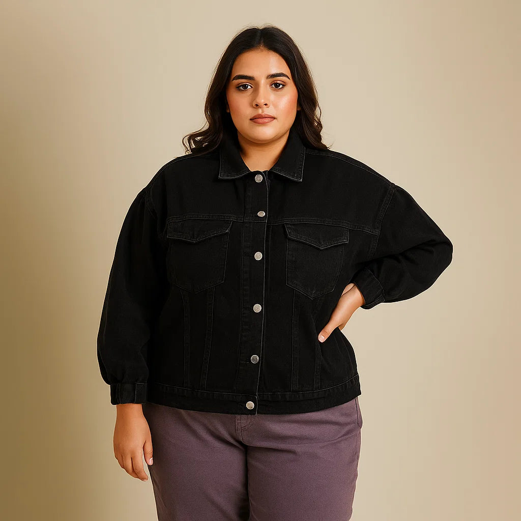 Plus-size woman wearing black denim jacket with flap pockets and button closure