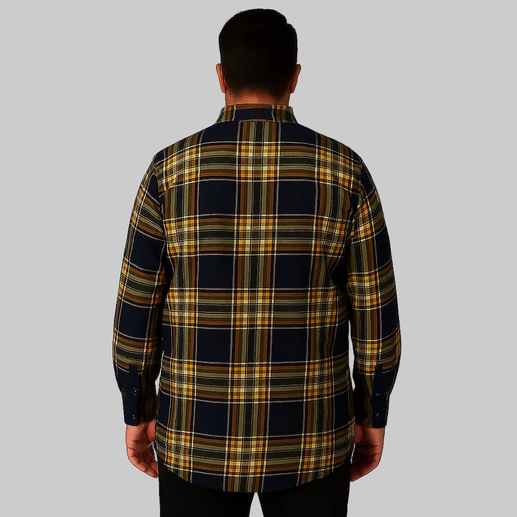 Plus-size Pakistani male model wearing black plaid fleece-lined shirt jacket without hood on light-gray background, front and back view.