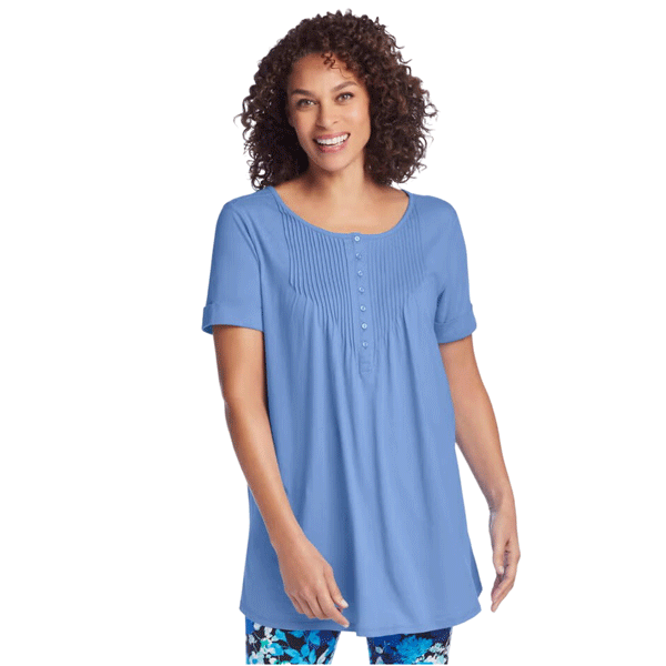 Woman wearing French Blue short sleeve Henley tunic with pintuck chest detail