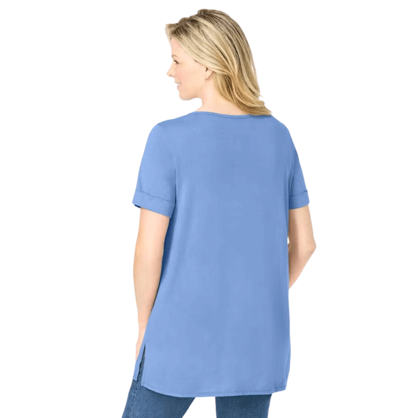 Woman wearing French Blue short sleeve Henley tunic with pintuck chest detail