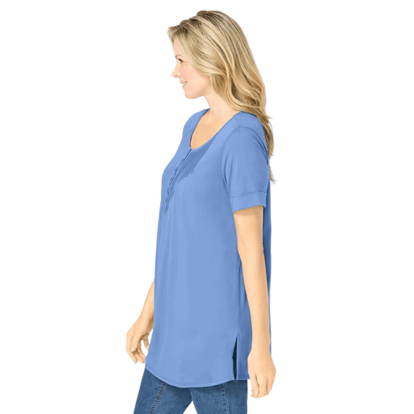 Woman wearing French Blue short sleeve Henley tunic with pintuck chest detail