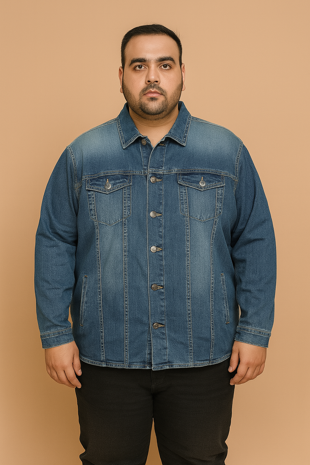 Plus-size man wearing classic blue denim jacket with button front and chest pockets