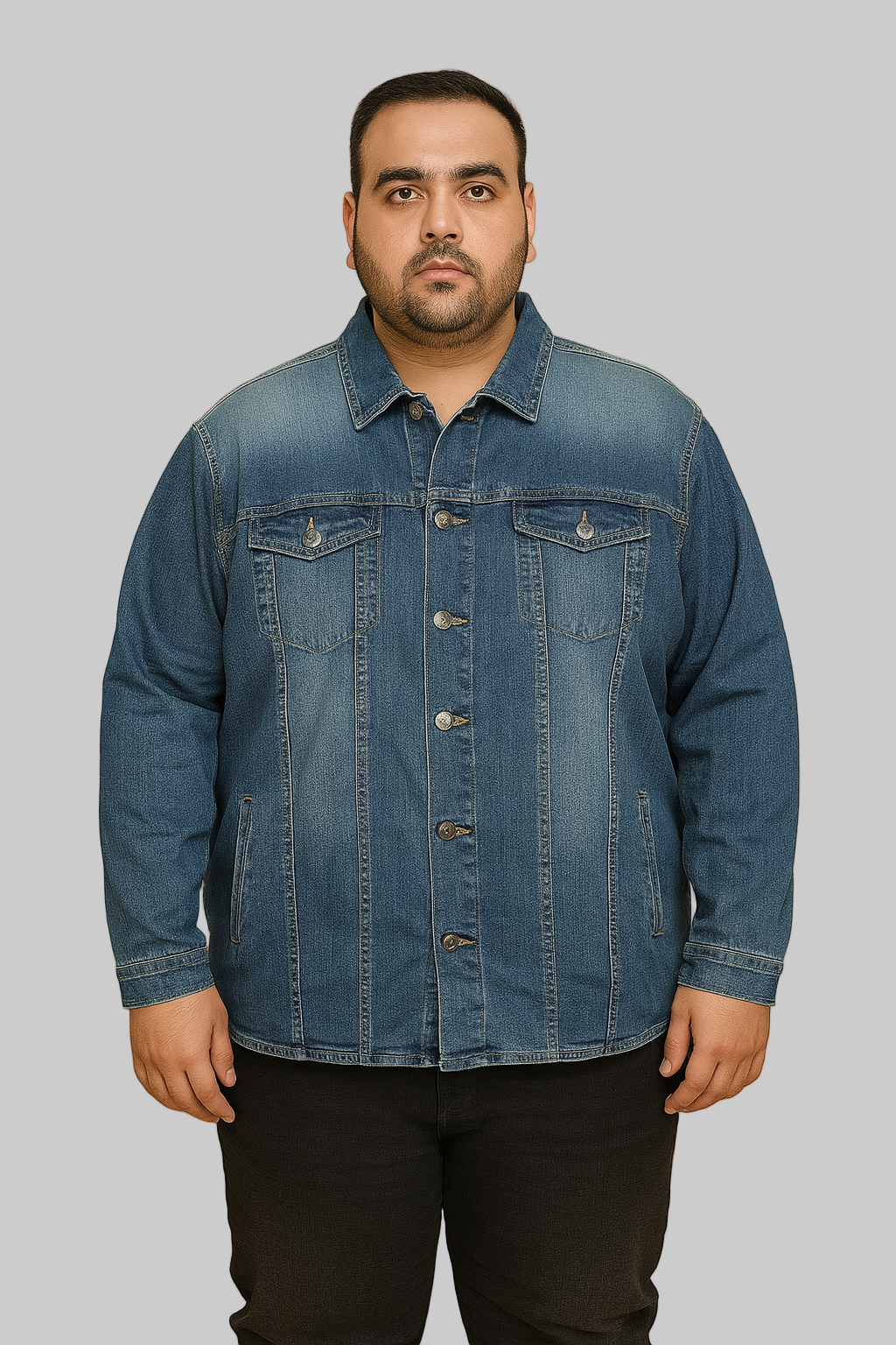 Plus-size man wearing classic blue denim jacket with button front and chest pockets