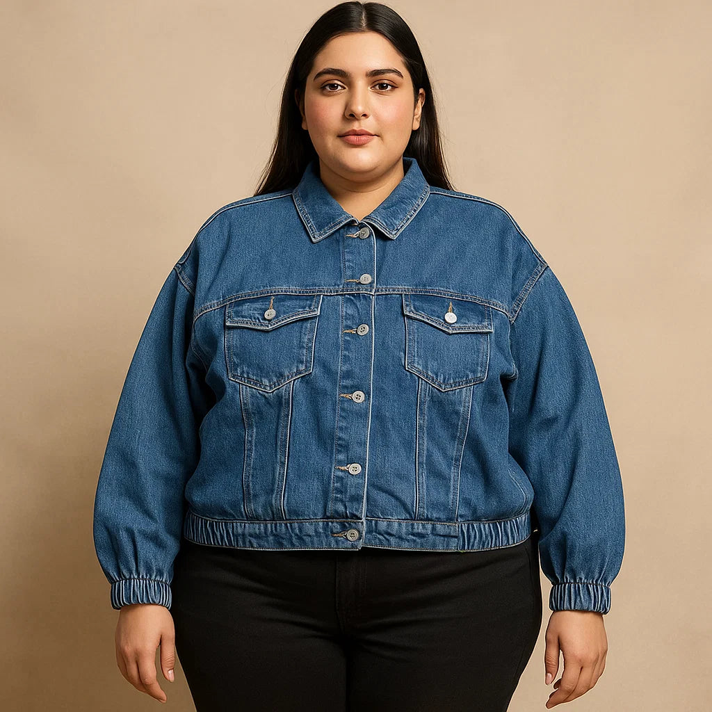 Plus-size woman wearing classic blue denim jacket with elastic hem and button-front