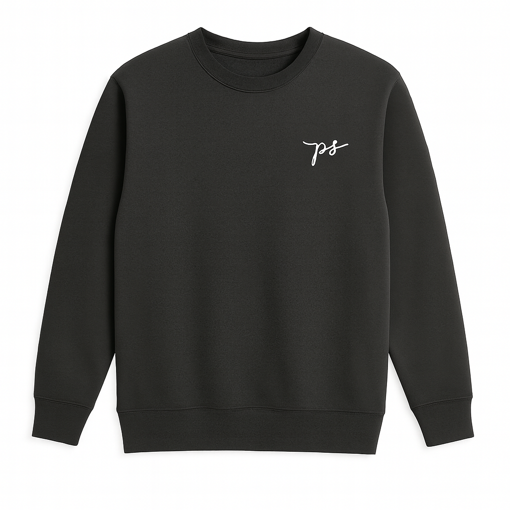 Men’s charcoal fleece crewneck sweatshirt, plus size (2XL–6XL), with ribbed cuffs and hem, featuring a small embroidered PS logo on the chest