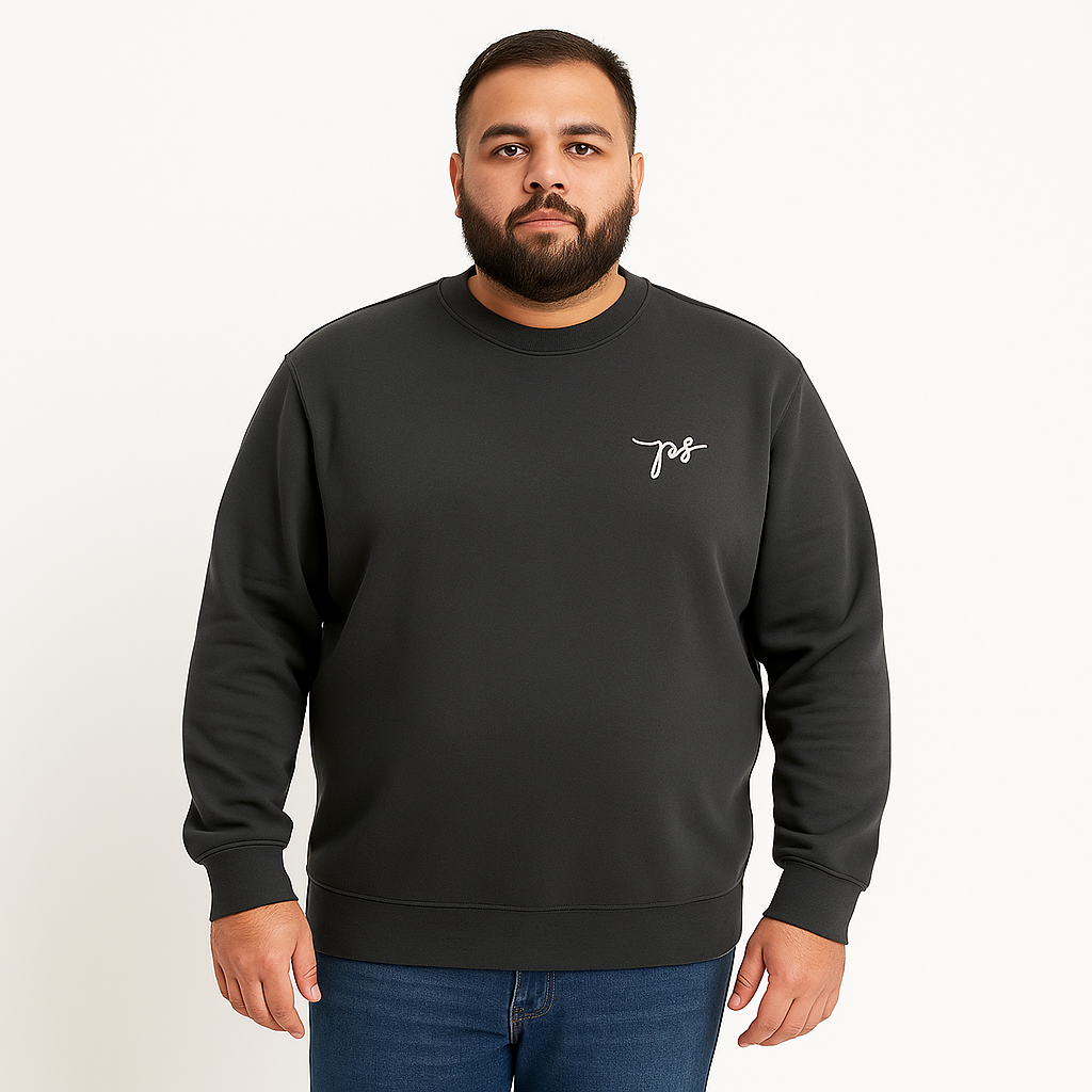 Men’s charcoal fleece crewneck sweatshirt, plus size (2XL–6XL), with ribbed cuffs and hem, featuring a small embroidered PS logo on the chest