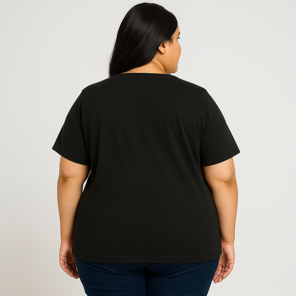 Plus size woman wearing a classic black V-neck T-shirt with short sleeves, made of cotton-poly blend