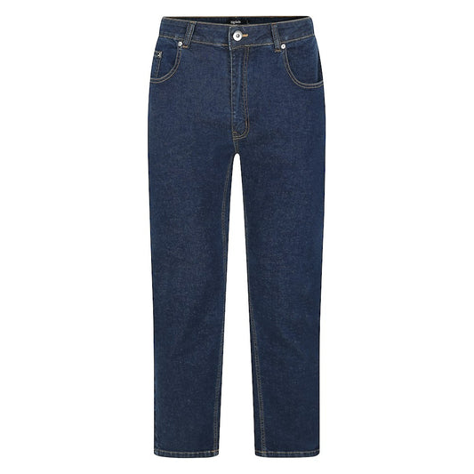 "Men’s dark wash stretch denim jeans with straight leg, belt loops, zip fly, coin pocket, and rear stitch detail, crafted from cotton-elastane blend."