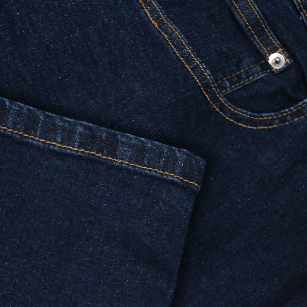 "Men’s dark wash stretch denim jeans with straight leg, belt loops, zip fly, coin pocket, and rear stitch detail, crafted from cotton-elastane blend."