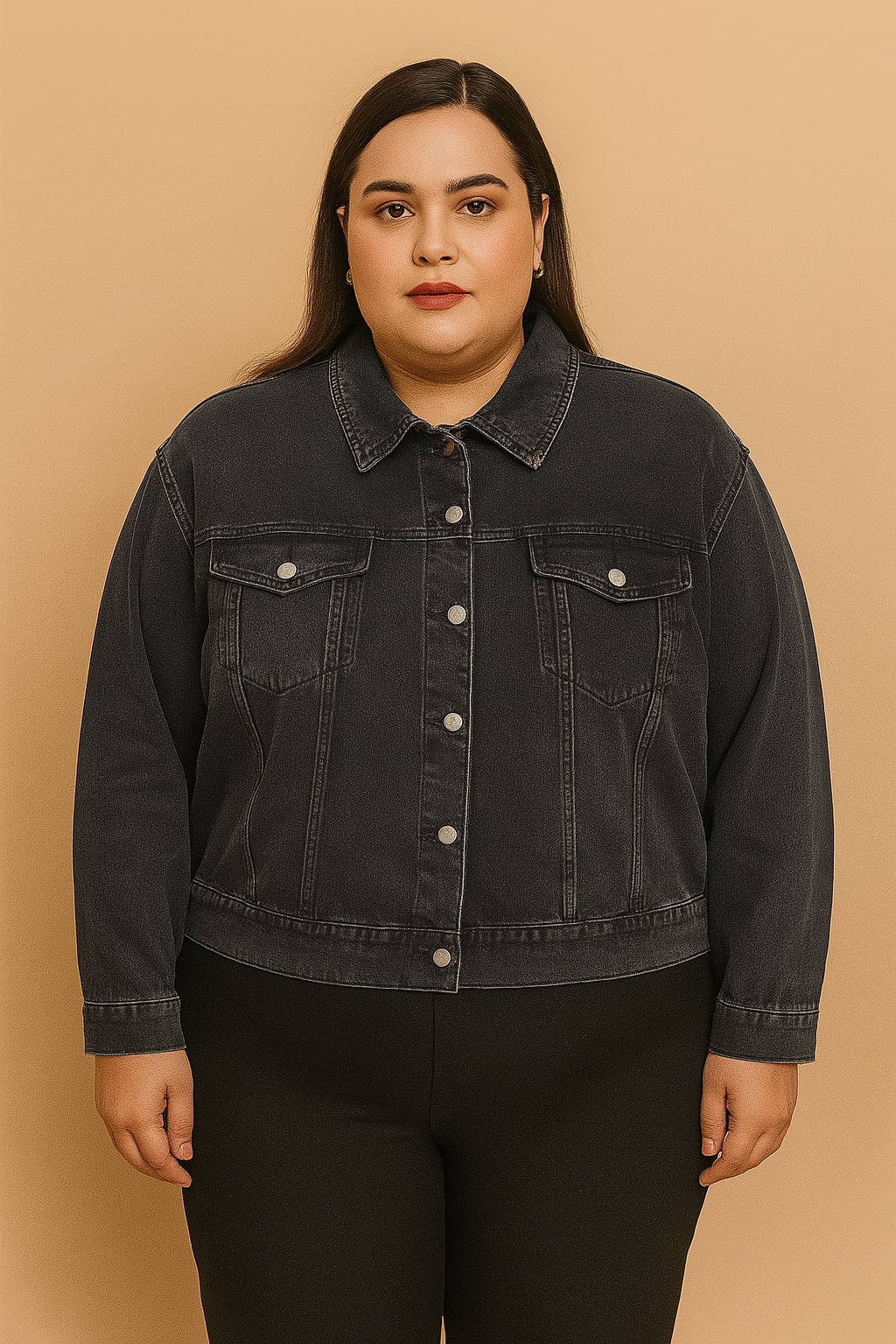 Plus-size woman wearing washed black denim jacket with button front and flap pockets