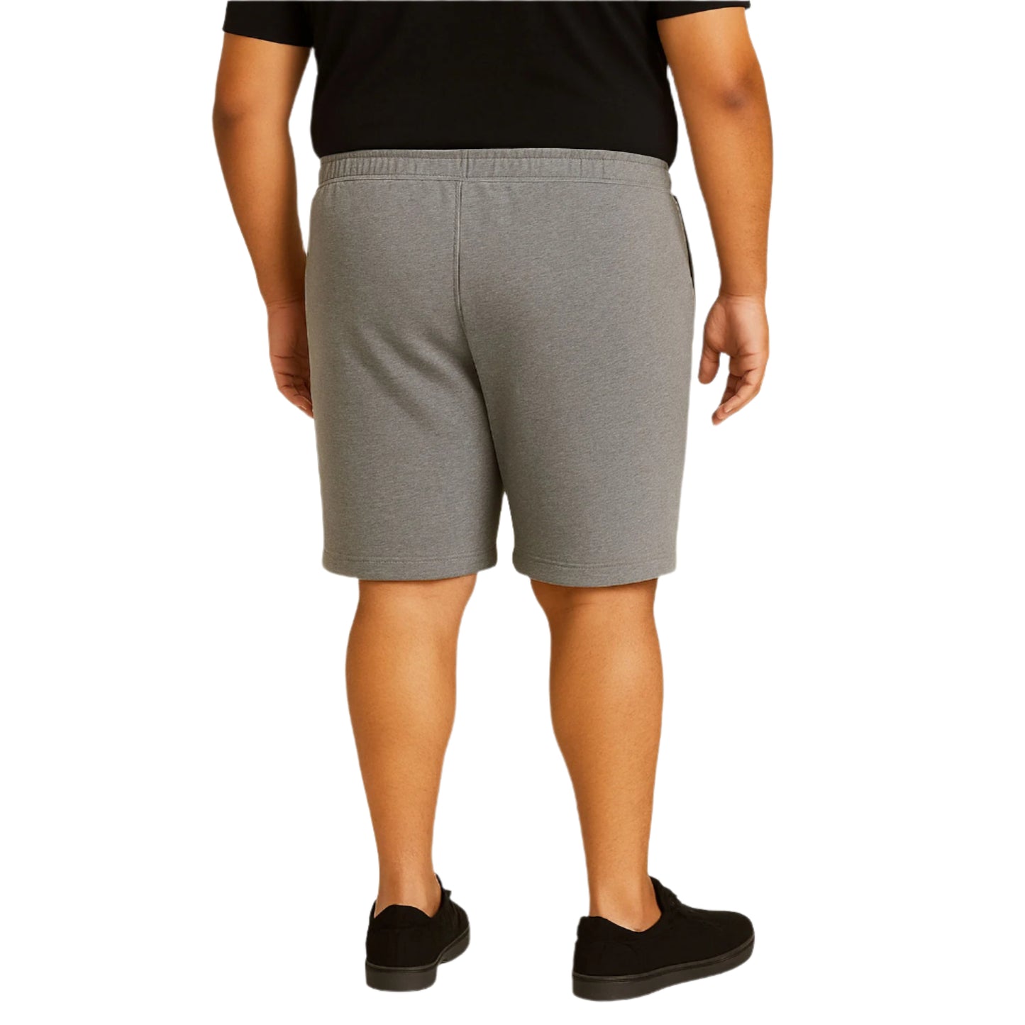 Heather grey plus size terry shorts with side-zip pockets and elastic waist