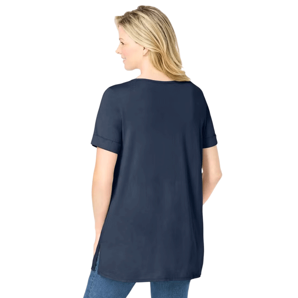 Navy Short Sleeve Henley Tunic with Pintuck Detail – Relaxed Cotton Blend Top