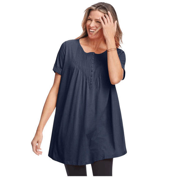 Navy Short Sleeve Henley Tunic with Pintuck Detail – Relaxed Cotton Blend Top