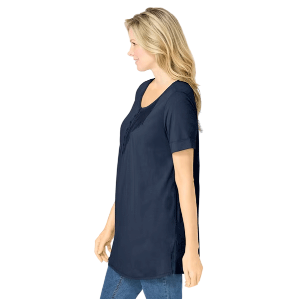 Navy Short Sleeve Henley Tunic with Pintuck Detail – Relaxed Cotton Blend Top