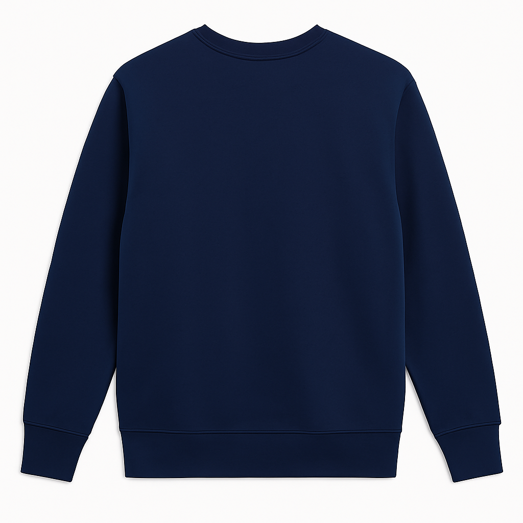 Men’s navy blue fleece crewneck sweatshirt, plus size (2XL–6XL), with ribbed cuffs, hem, and collar, featuring a small embroidered PS logo on the chest.