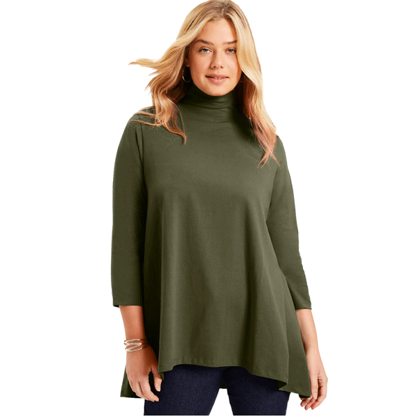 Woman wearing dark olive green long sleeve mock neck tunic with relaxed fit