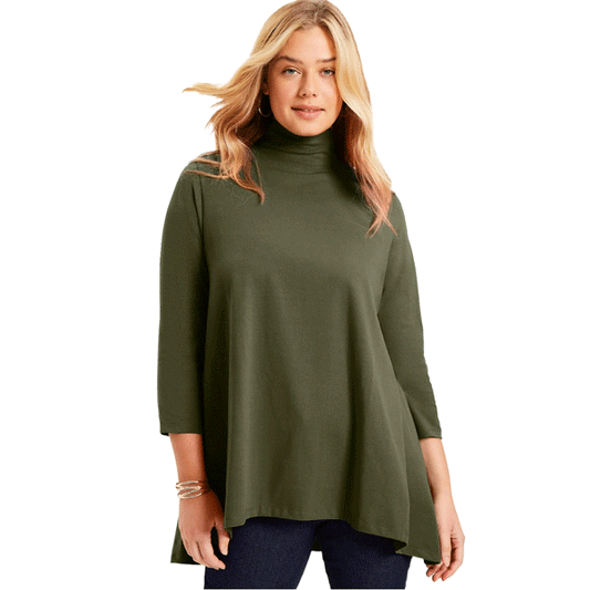 Woman wearing dark olive green long sleeve mock neck tunic with relaxed fit